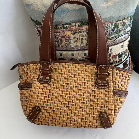 Fossil Vintage Straw Leather Handbag Tote - Picture 1 of 10